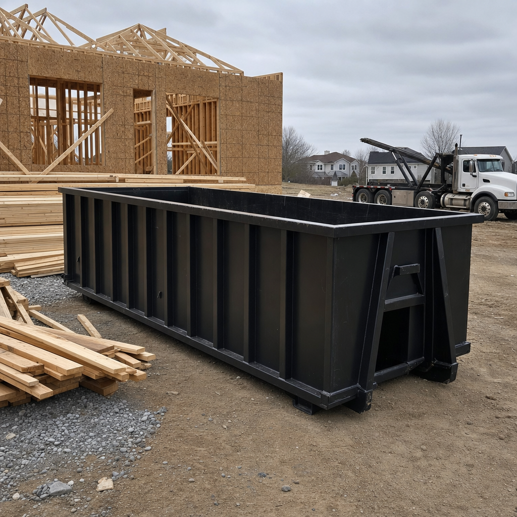 Matte-black 40-yard roll-off dumpster staged on a framed-out residential construction site in Bowling Green, framing lumber stacked nearby, hooklift delivery truck visible in the background under bright Colorado daylight