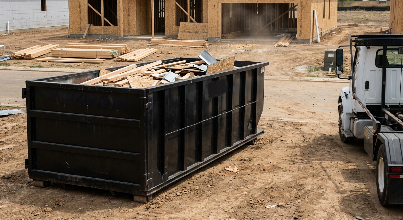 Matte-black 20-yard roll-off construction dumpster with heavy ribbed steel sidewalls and swing rear doors at a working jobsite in Bowling Green, sitting directly on compacted dirt with an unmarked white hauler partially visible at the far edge of the frame.