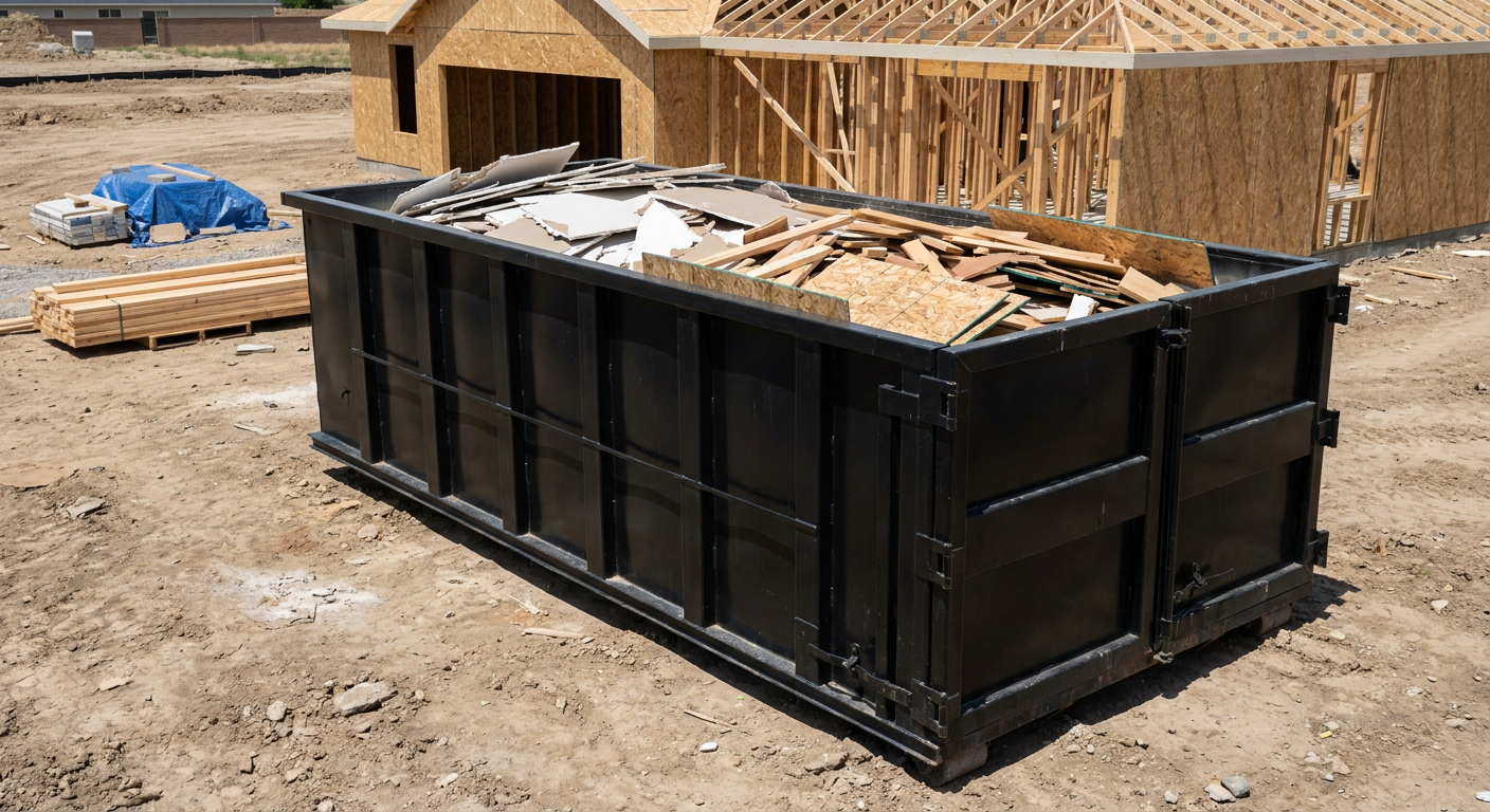 Matte-black 30-yard roll-off construction dumpster sitting directly on the compacted-dirt site of a framed single-family home build in Bowling Green, drywall and lumber scrap loaded inside.