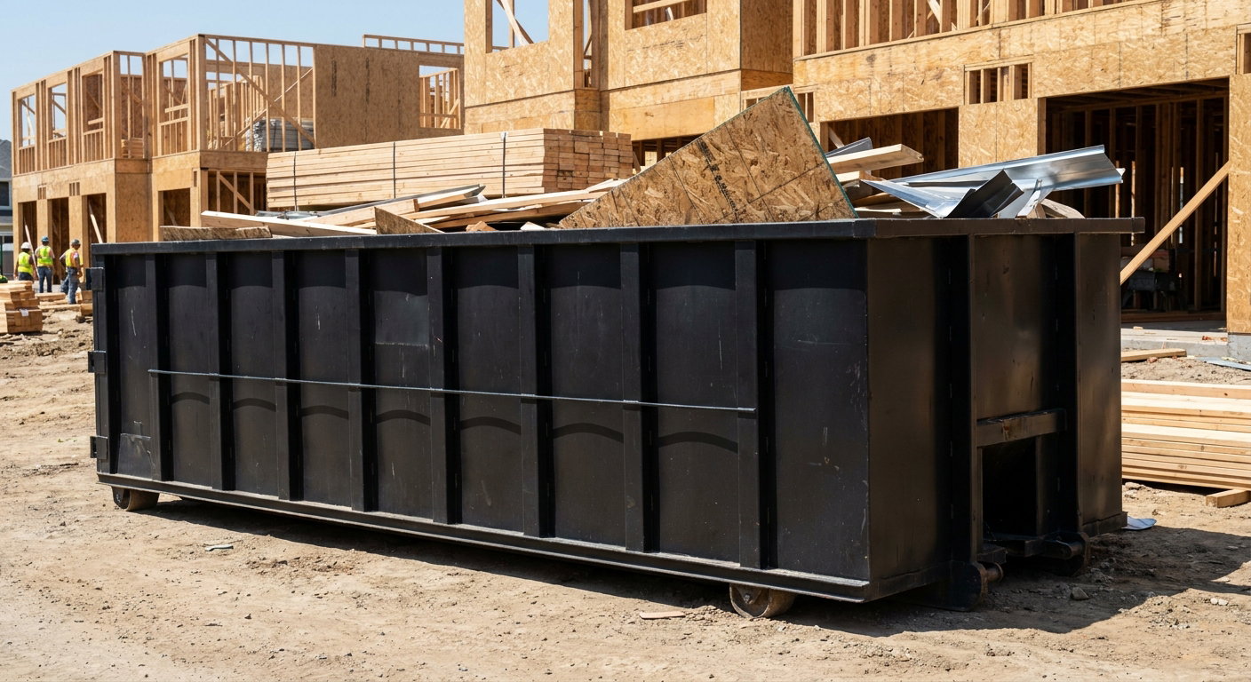 Matte-black 40-yard roll-off construction dumpster being lowered from a white-cab hooklift delivery truck onto the compacted-dirt jobsite at a commercial build site in Bowling Green