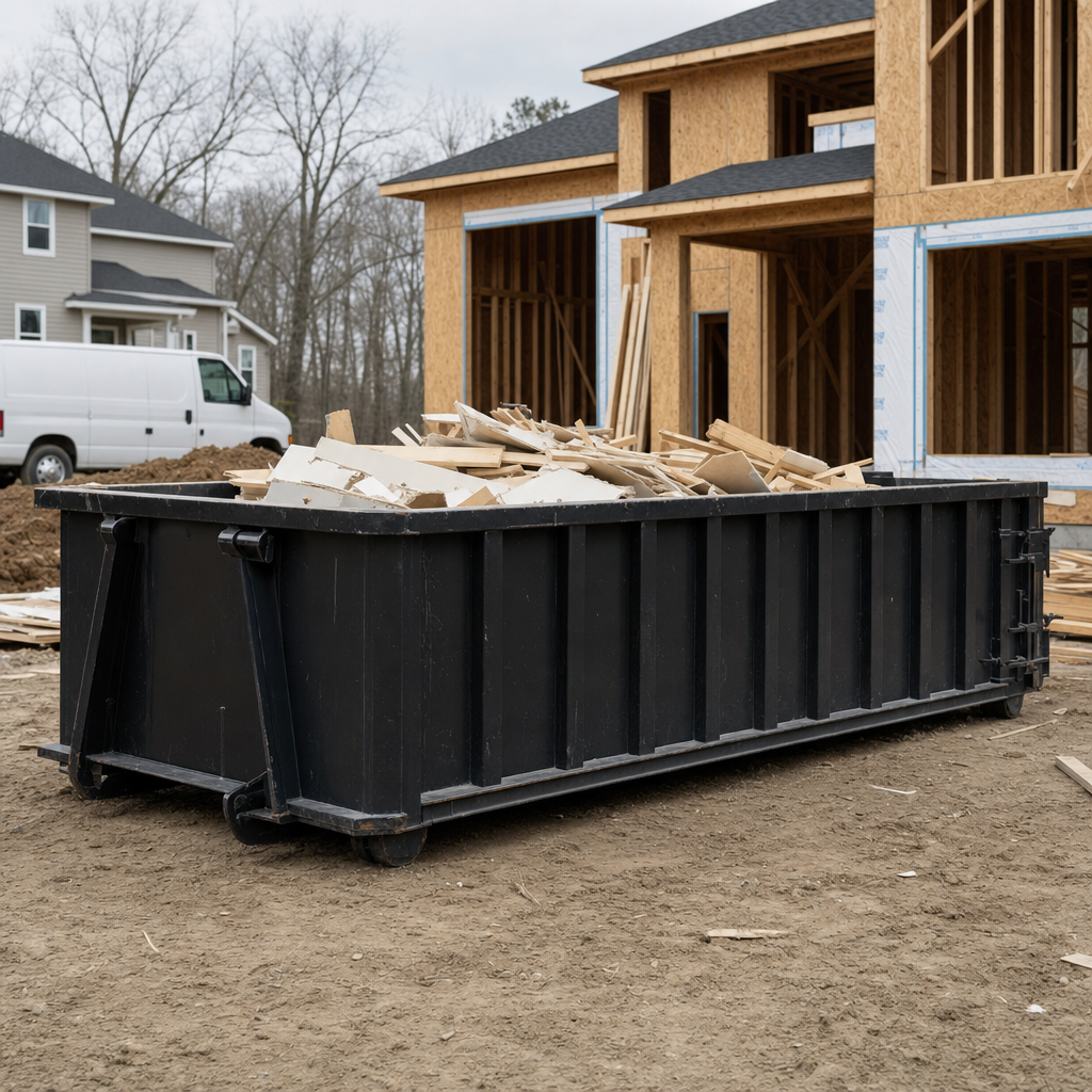Worker in a yellow high-visibility vest tossing framing lumber and broken drywall into a matte-black 30-yard construction roll-off dumpster on an active build site in Bowling Green, bright daylight