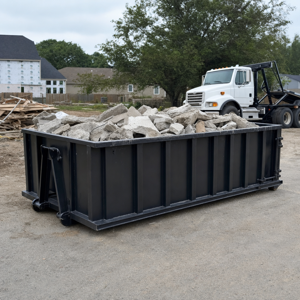 Low-profile matte-black lowboy roll-off dumpster loaded with broken concrete slab and rebar at a foundation tear-out in Bowling Green, skid steer parked beside it, sunny Colorado morning