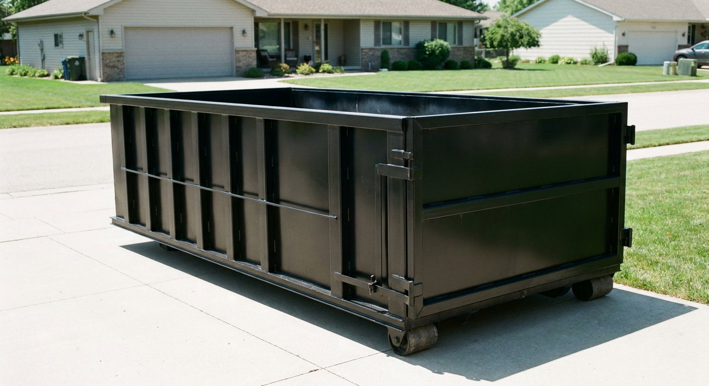 Matte-black 10-yard roll-off dumpster on a residential concrete driveway in Bowling Green, uniformly painted matte black across every panel and rail, ribbed steel sidewalls and rear swing door visible, mid-day daylight.
