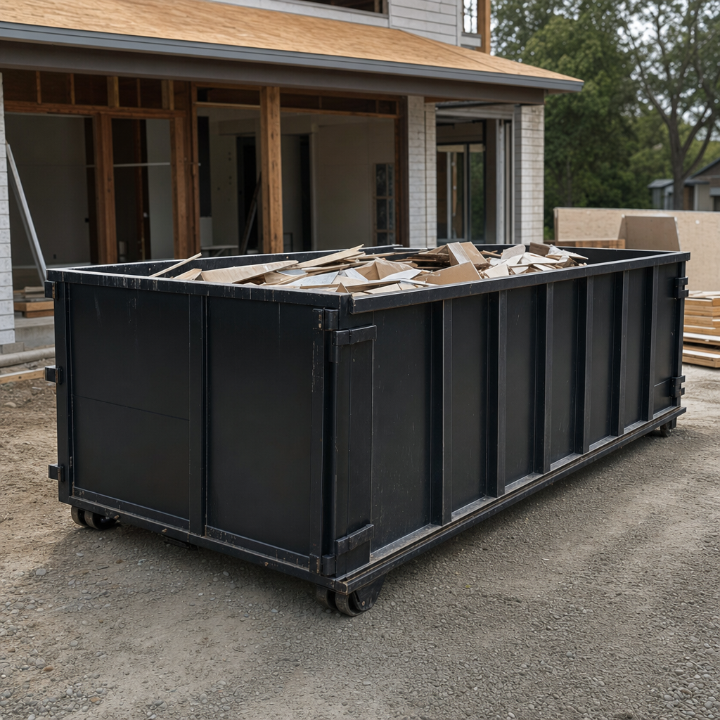 Large matte-black 30-yard construction roll-off dumpster at an active Bowling Green jobsite, steel-gray top rails and bottom rollers visible, loaded with construction debris.