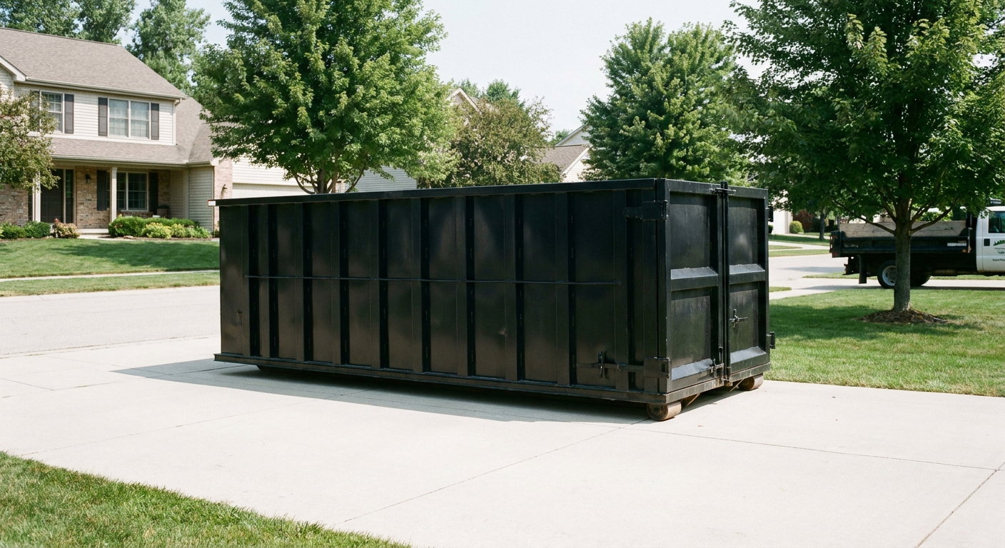 Matte-black 20-yard roll-off dumpster sitting level on a clean Bowling Green residential concrete driveway under bright daylight, demonstrating clean placement directly on the concrete.