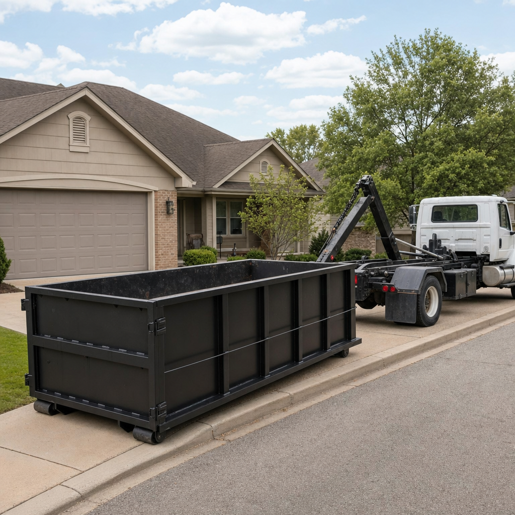 Wide documentary shot of a matte-black roll-off dumpster on a Bowling Green residential driveway in the foreground and a contractor jobsite container in the soft-focus background, bright daylight, calm and orderly composition.