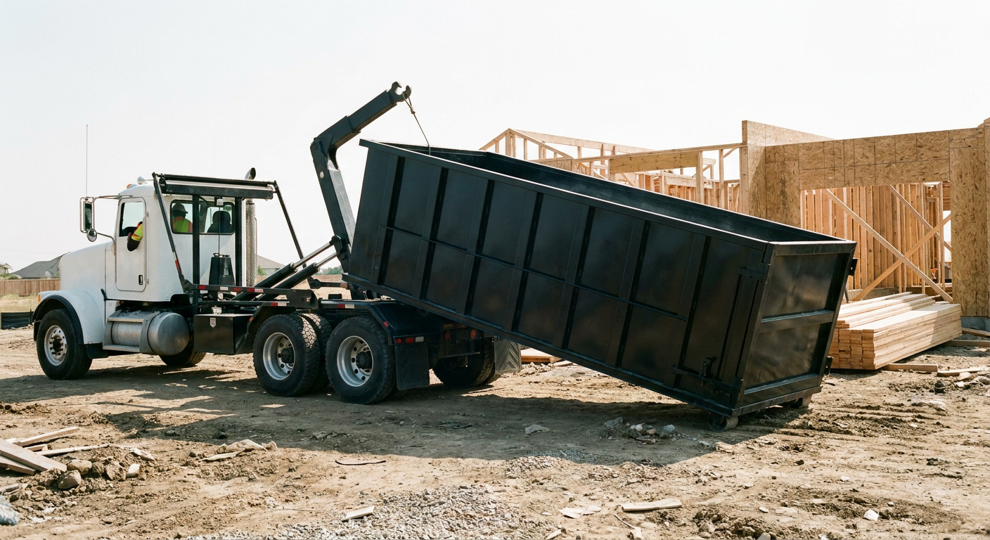 Matte-black roll-off dumpster being delivered onto a clean residential concrete driveway in Bowling Green by an unmarked white hooklift hauler truck, bright morning daylight, documentary 35mm perspective.