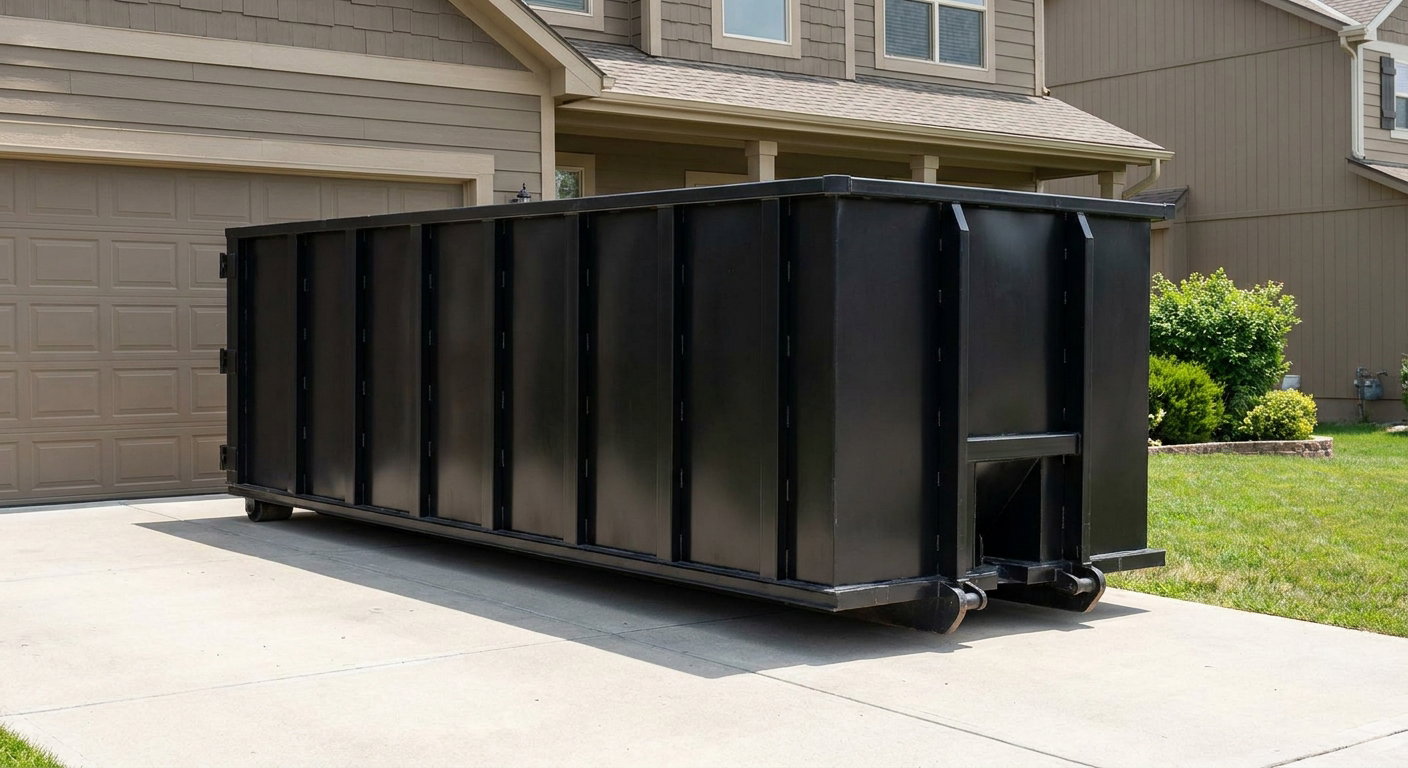 Matte-black residential roll-off dumpster sitting directly on a suburban Bowling Green concrete driveway, garage door closed, single-family home in background, bright morning daylight.