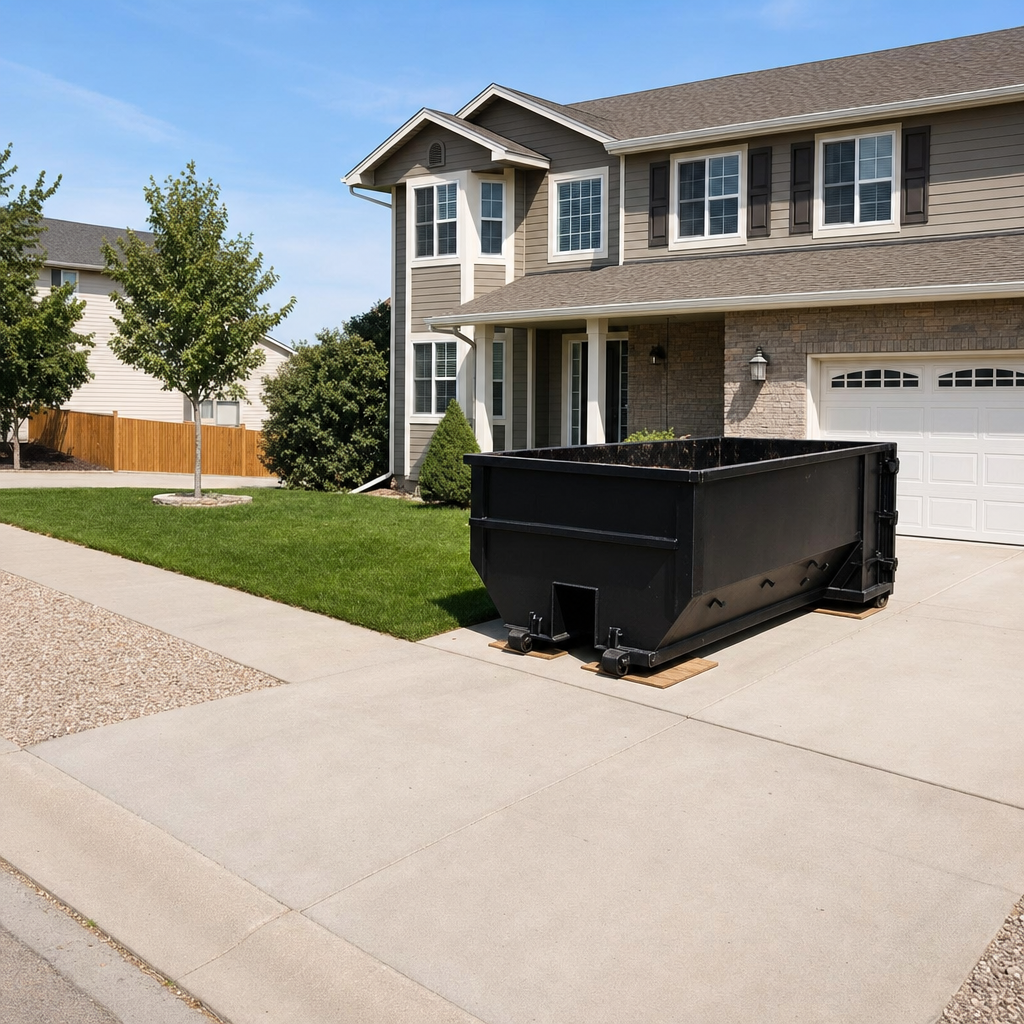 10-yard matte-black residential dumpster placed directly on a narrow Bowling Green concrete driveway, room remains for a parked sedan beside it, mid-morning natural light