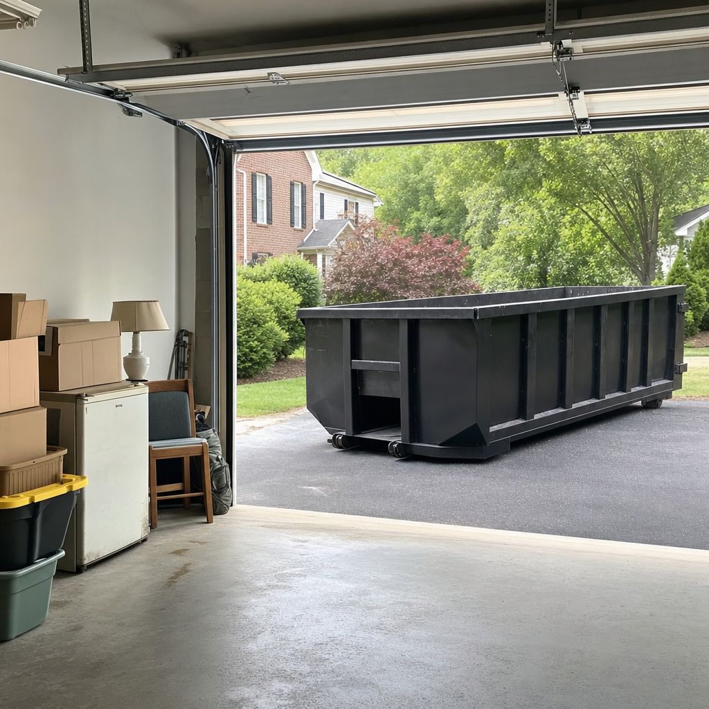 Open garage interior in a Bowling Green home mid-cleanout — boxed items, an old appliance, and stacked yard tools queued near the driveway for a matte-black roll-off dumpster, organized and calm