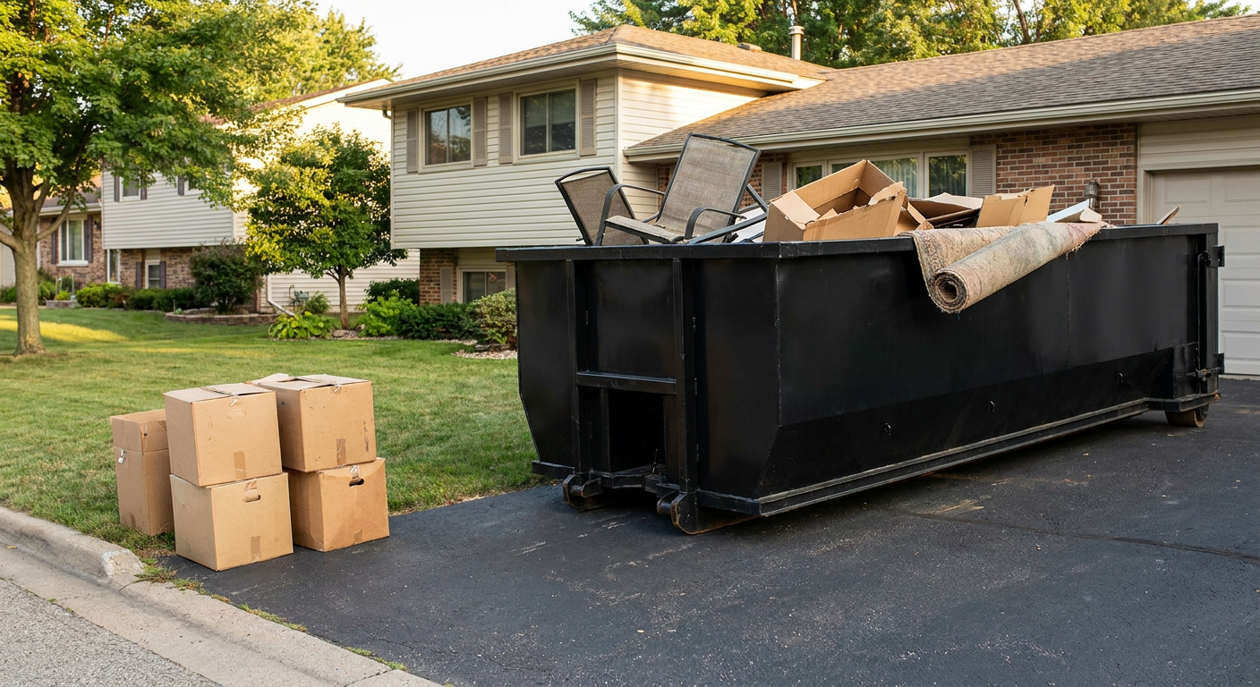 Front-yard view of a Bowling Green split-level home with a 20-yard matte-black roll-off dumpster sitting directly on the asphalt driveway, a few clearly labeled donation boxes staged at the curb, calm sunny afternoon.
