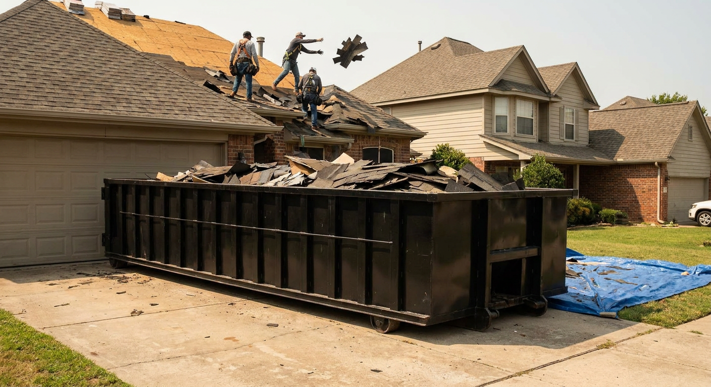 Matte-black roofing roll-off dumpster placed directly on a Bowling Green residential concrete driveway, a tear-off crew on a two-story asphalt-shingle roof tossing shingle bundles into the low-walled container, bright daylight, documentary 35mm perspective.