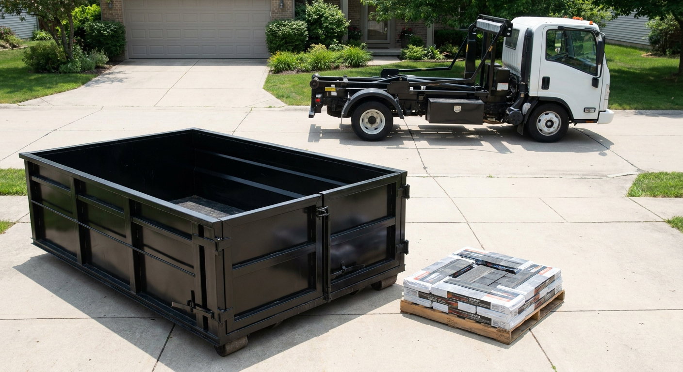 Matte-black 15-yard roofing roll-off dumpster with reinforced low side walls sitting directly on a Bowling Green residential concrete driveway, three-tab asphalt shingle bundles stacked nearby, an unmarked white hauler truck partially visible at the edge of the frame.