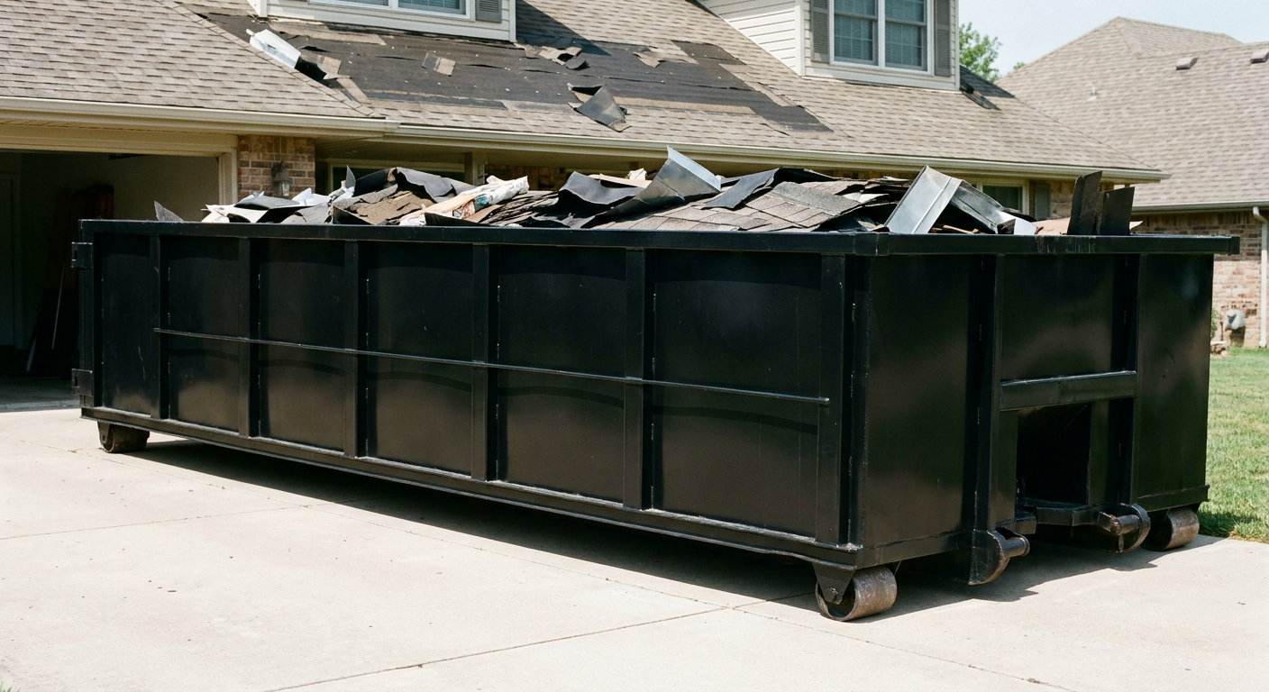 Matte-black 20-yard roofing roll-off dumpster with steel ribbed sides and swinging rear door, sitting directly on the concrete driveway of a two-story Bowling Green home, asphalt shingle debris being loaded over the low wall, clean documentary lighting.