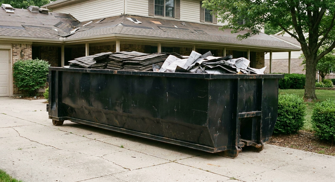Matte-black 30-yard roofing roll-off dumpster sitting directly on a Bowling Green concrete driveway, taller ribbed steel side panels, mixed tear-off debris of asphalt shingles and underlayment inside, professional documentary daylight.