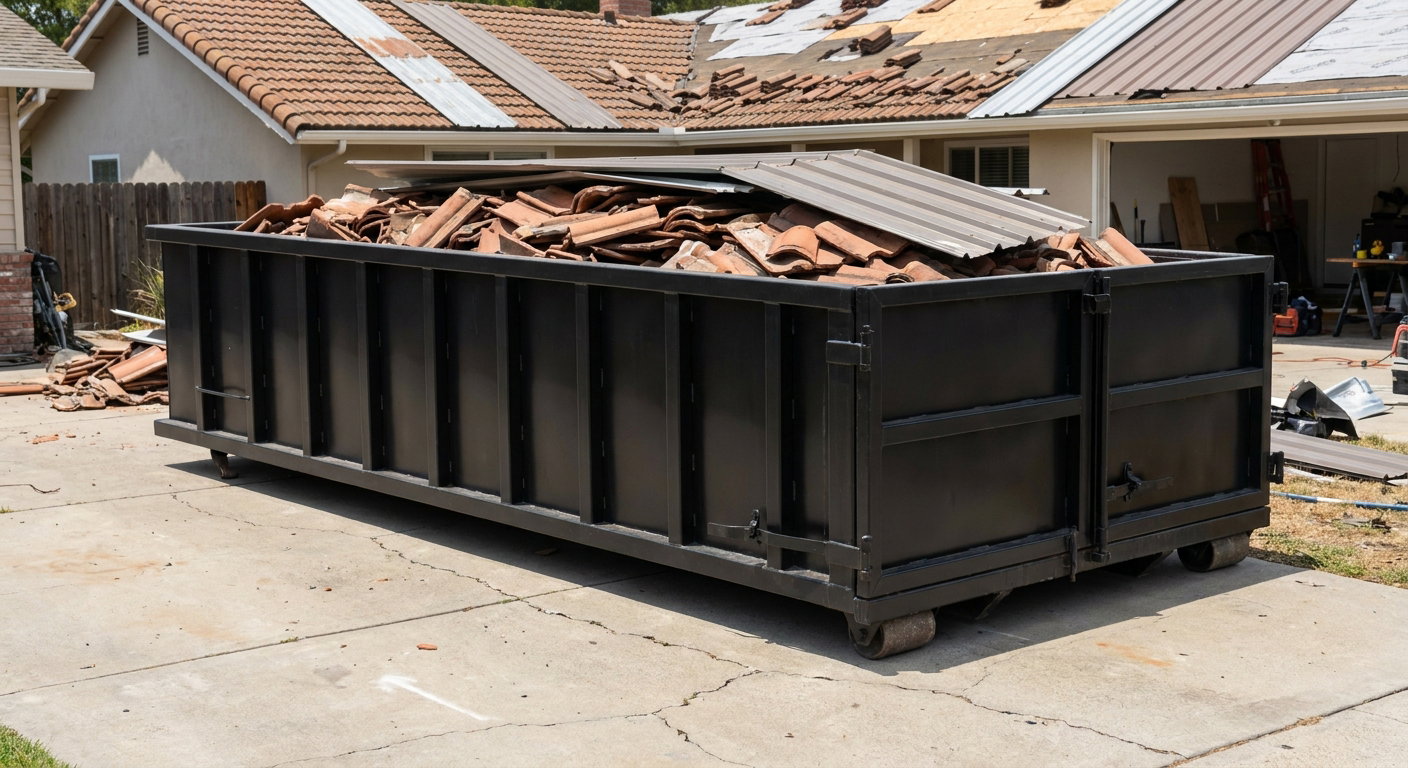 Matte-black low-wall heavy-debris roofing roll-off dumpster sitting directly on a Bowling Green concrete driveway, broken concrete clay roof tiles and metal panel sections loaded inside, reinforced ribbed steel side walls visible, bright outdoor daylight.