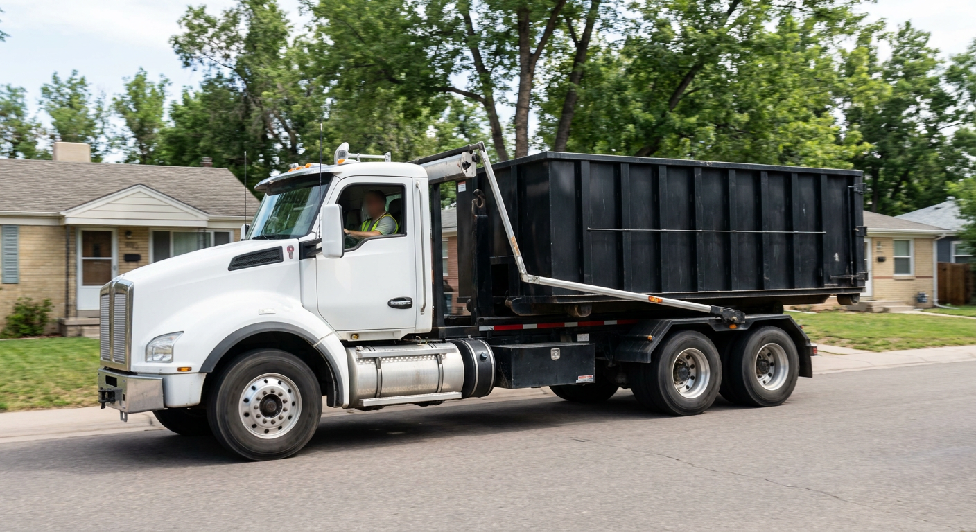 A wide documentary shot of a matte-black roll-off delivery truck pulling onto a quiet Bowling Green residential street at mid-morning, with neighborhood rooftops and tree-lined blocks visible behind, showing the metro coverage footprint.
