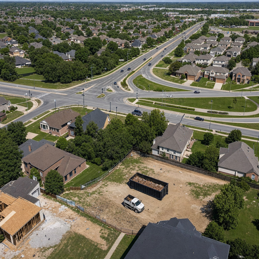 An overhead documentary view of the Bowling Green metro area at midday, showing the spread of neighborhoods, arterial roads, and the dispatch radius from a central yard — clean daylight, organized geographic layout.