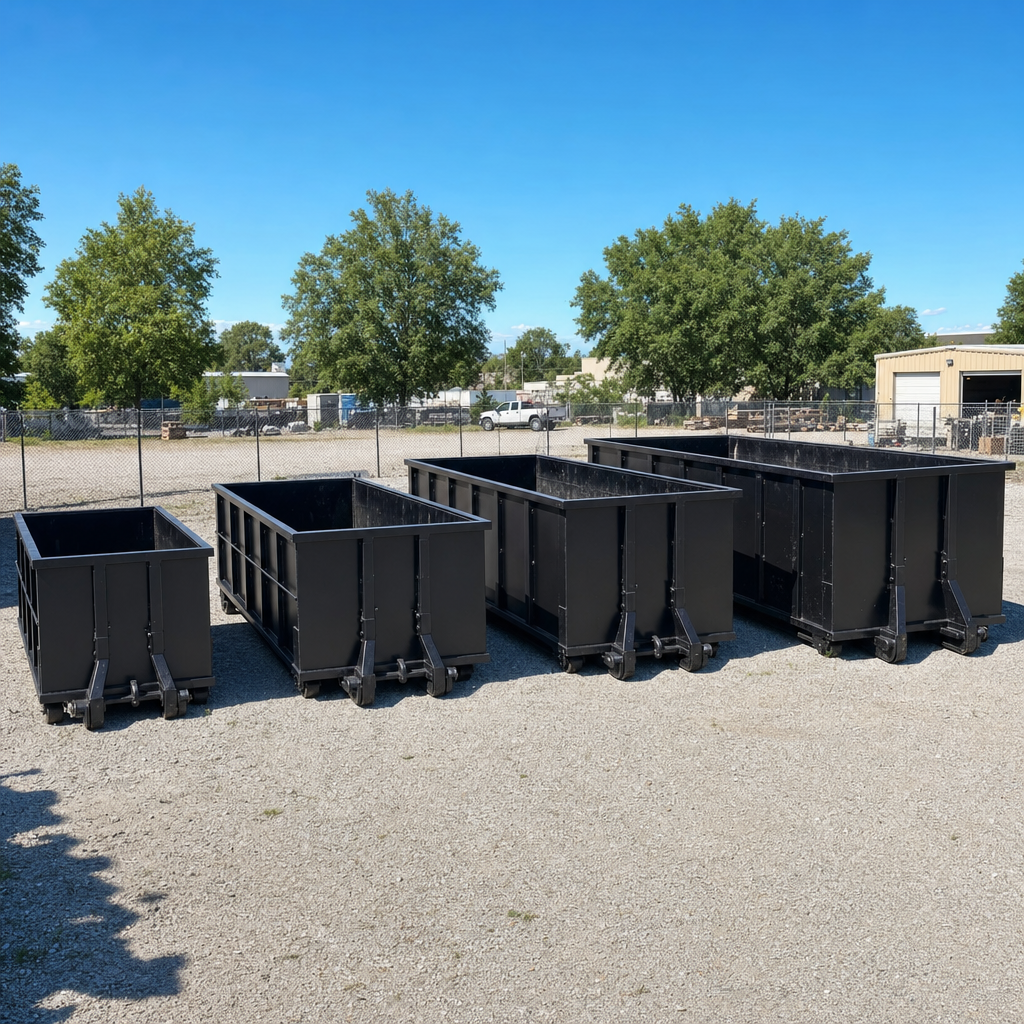 A clean lineup of matte-black roll-off dumpsters in 10, 20, 30, and 40-yard sizes staged on a sunlit gravel yard in Bowling Green, showing the size progression from compact to commercial-scale containers.