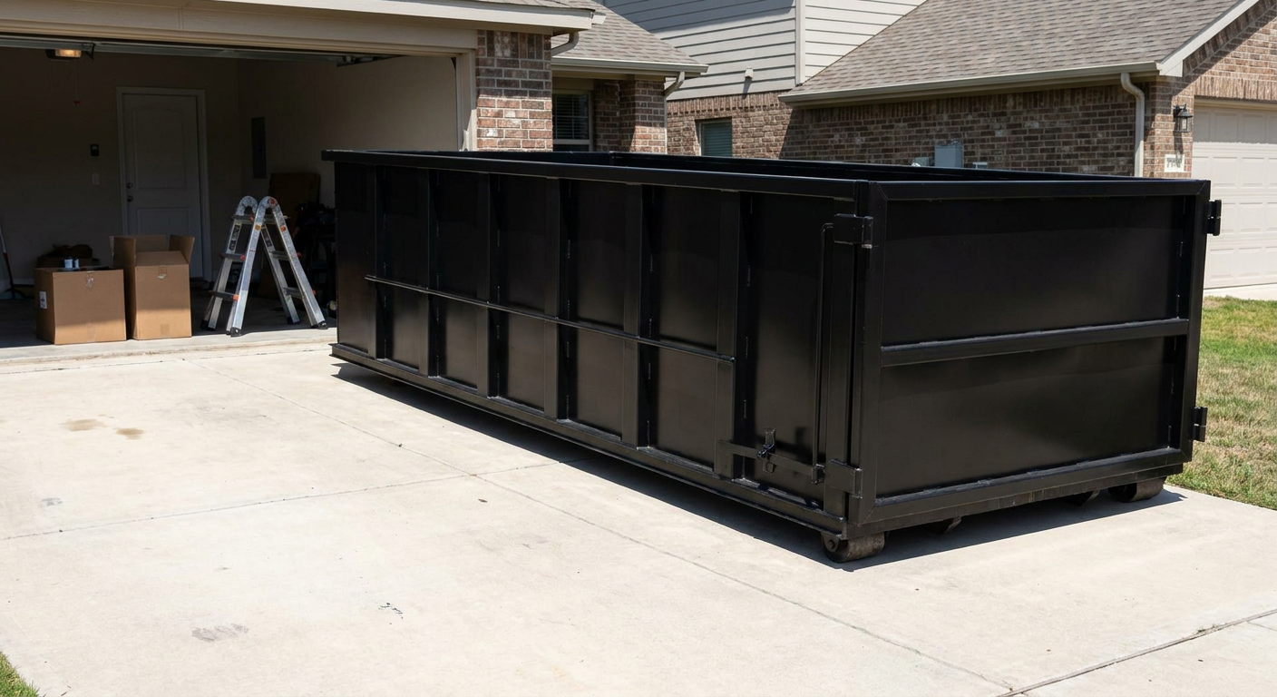 A matte-black 10-yard roll-off dumpster sitting directly on a residential Bowling Green concrete driveway, mid-day sunlight, clean and ready for a garage cleanout.