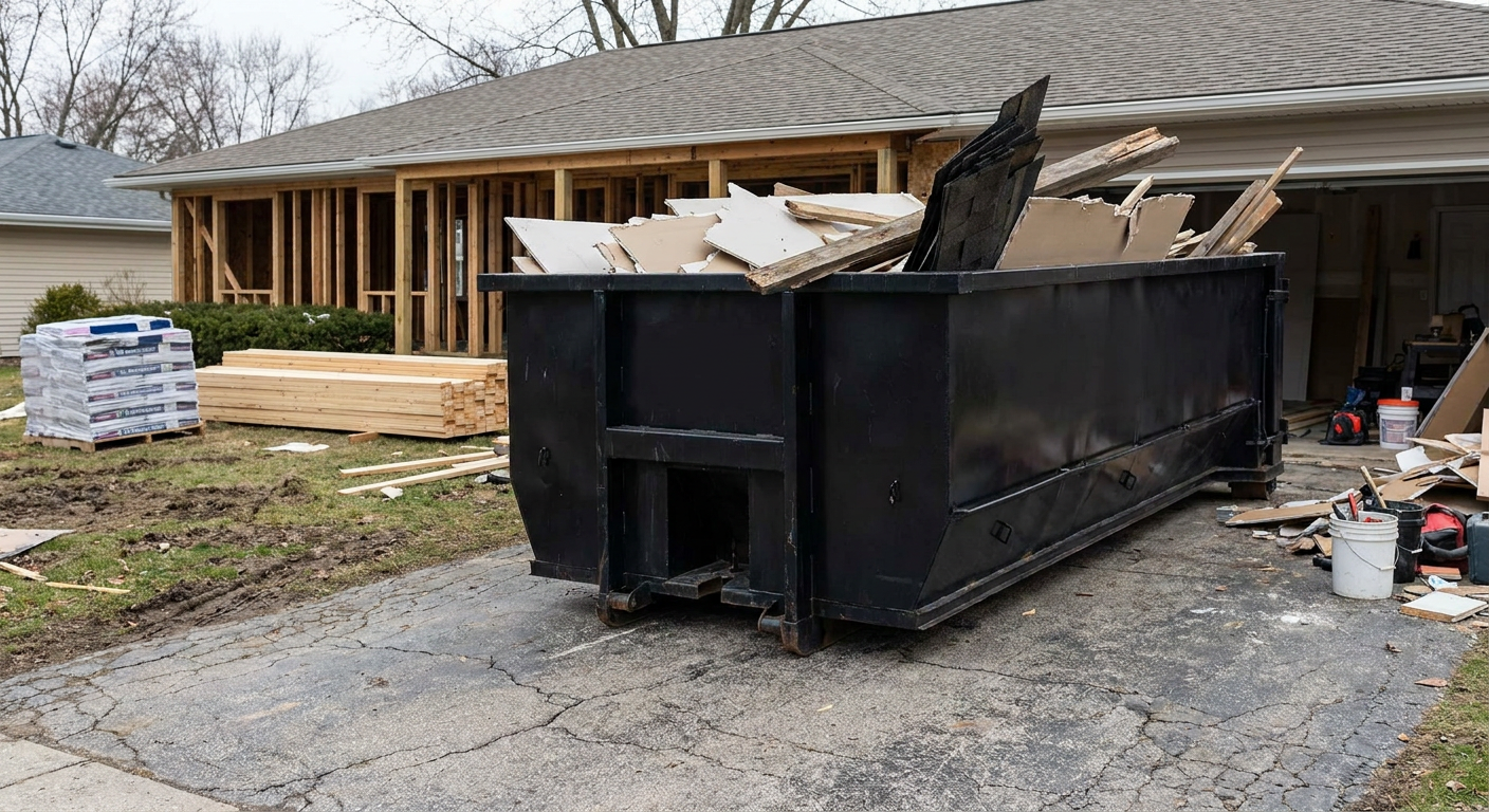 A matte-black 20-yard roll-off dumpster placed alongside a mid-renovation Bowling Green home directly on the asphalt driveway, with framing materials and torn-off shingles staged neatly nearby.