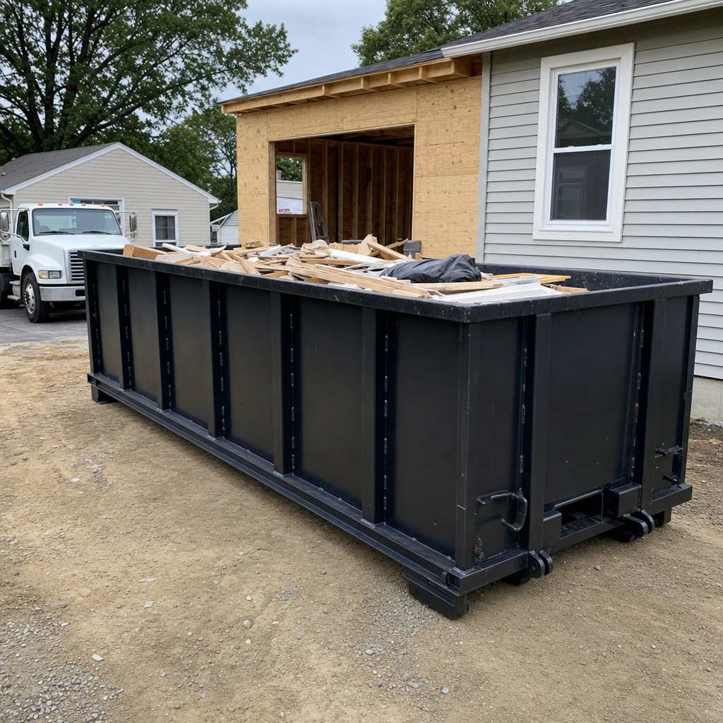 A matte-black 30-yard roll-off dumpster positioned at a Bowling Green residential addition jobsite, with framing lumber and drywall scraps loaded through the open swinging rear doors.