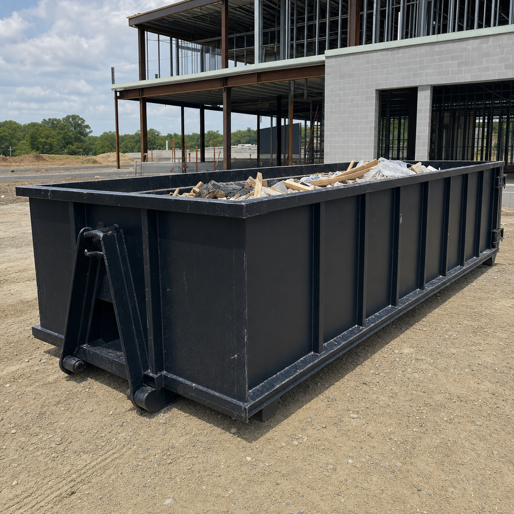 A matte-black 40-yard roll-off dumpster staged on a large Bowling Green commercial construction lot, with a hooklift delivery truck parked alongside under bright midday sky.