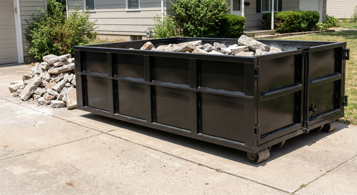 A matte-black low-side heavy-debris roll-off dumpster placed directly on a Bowling Green concrete driveway, with broken concrete chunks neatly stacked beside it under clean daylight.